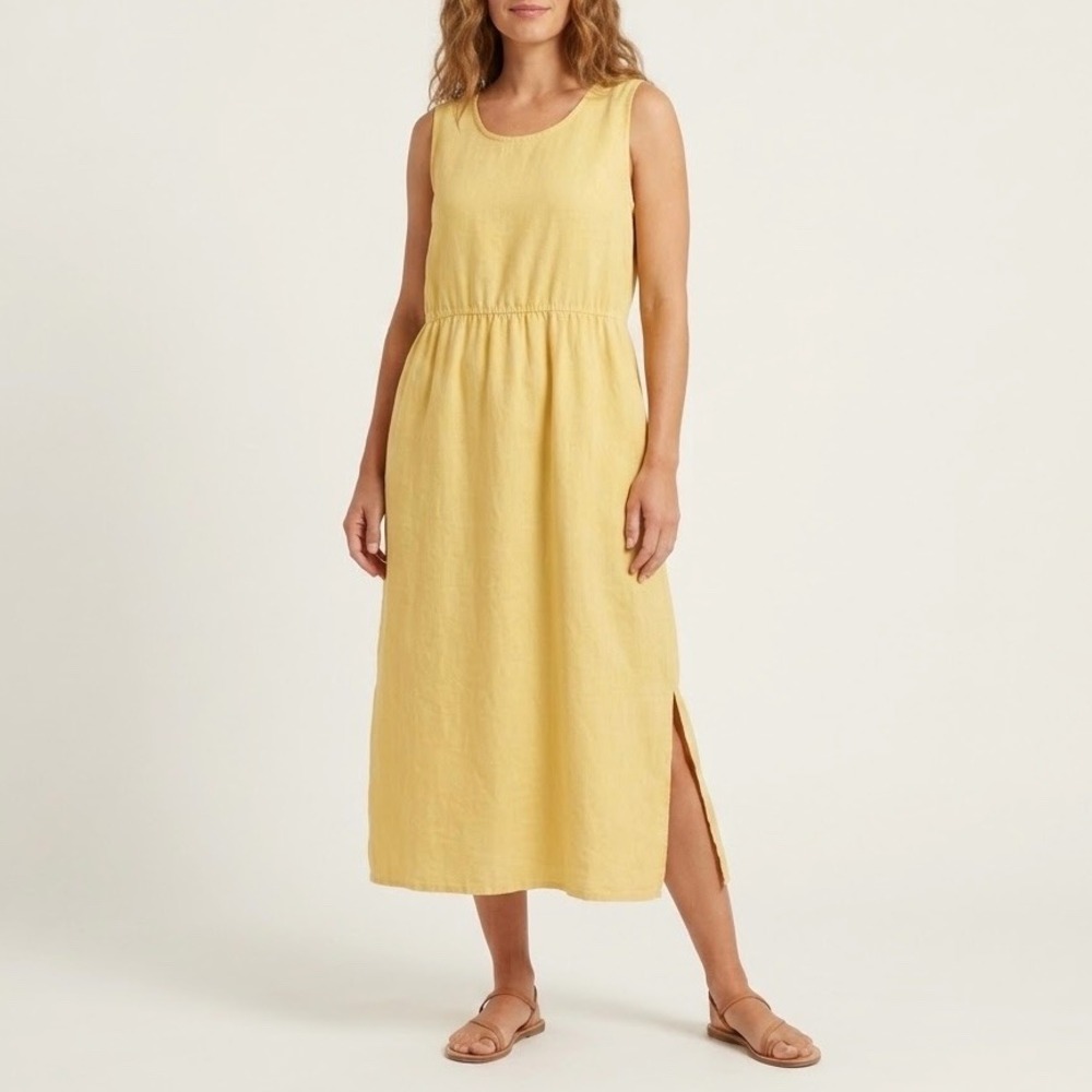 FLAX Dress 100% Linen Yellow Sleeveless Midi Side Slits Size Small